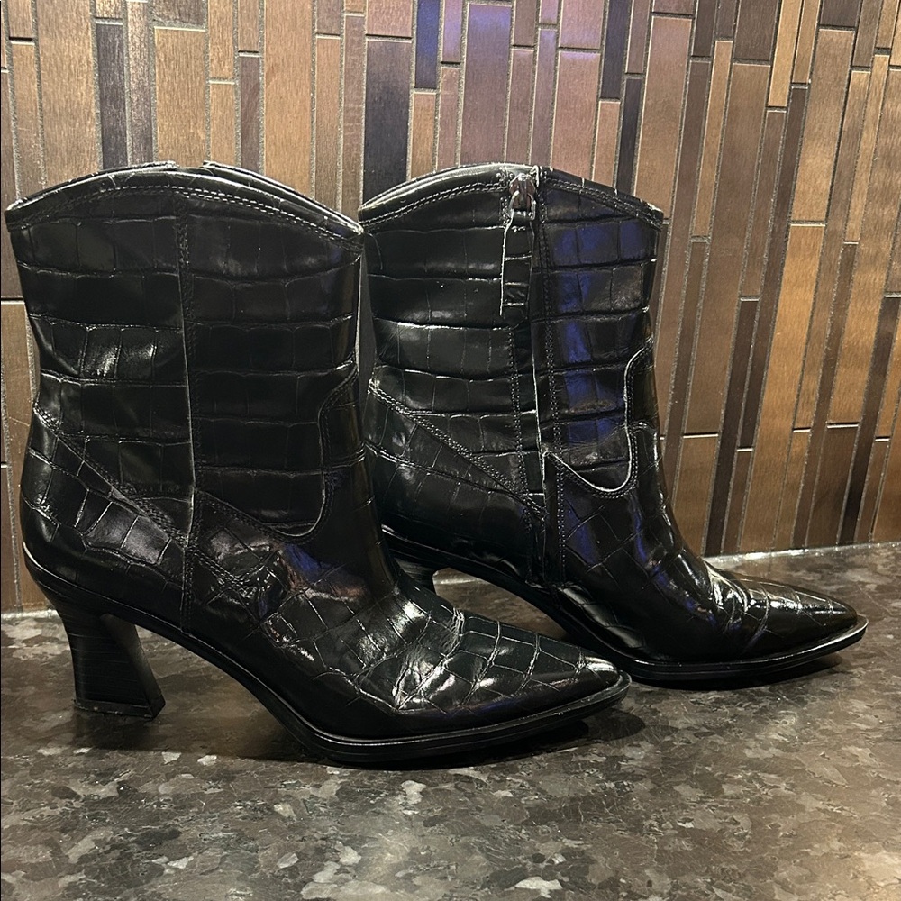 SARTO Black Croc-Embossed Ankle Boots
